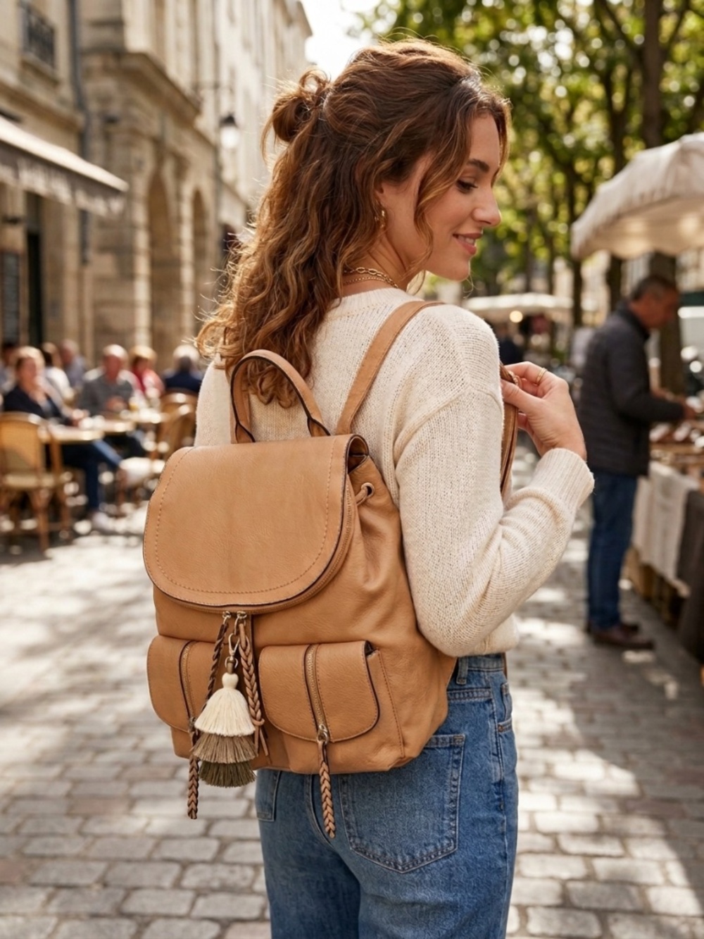 Sole Society Tan Faux Leather Backpack Purse Tassel Boho Flap